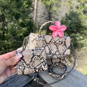 a new day Beige Snake-Print Top Handle Satchel with Matching Wallet